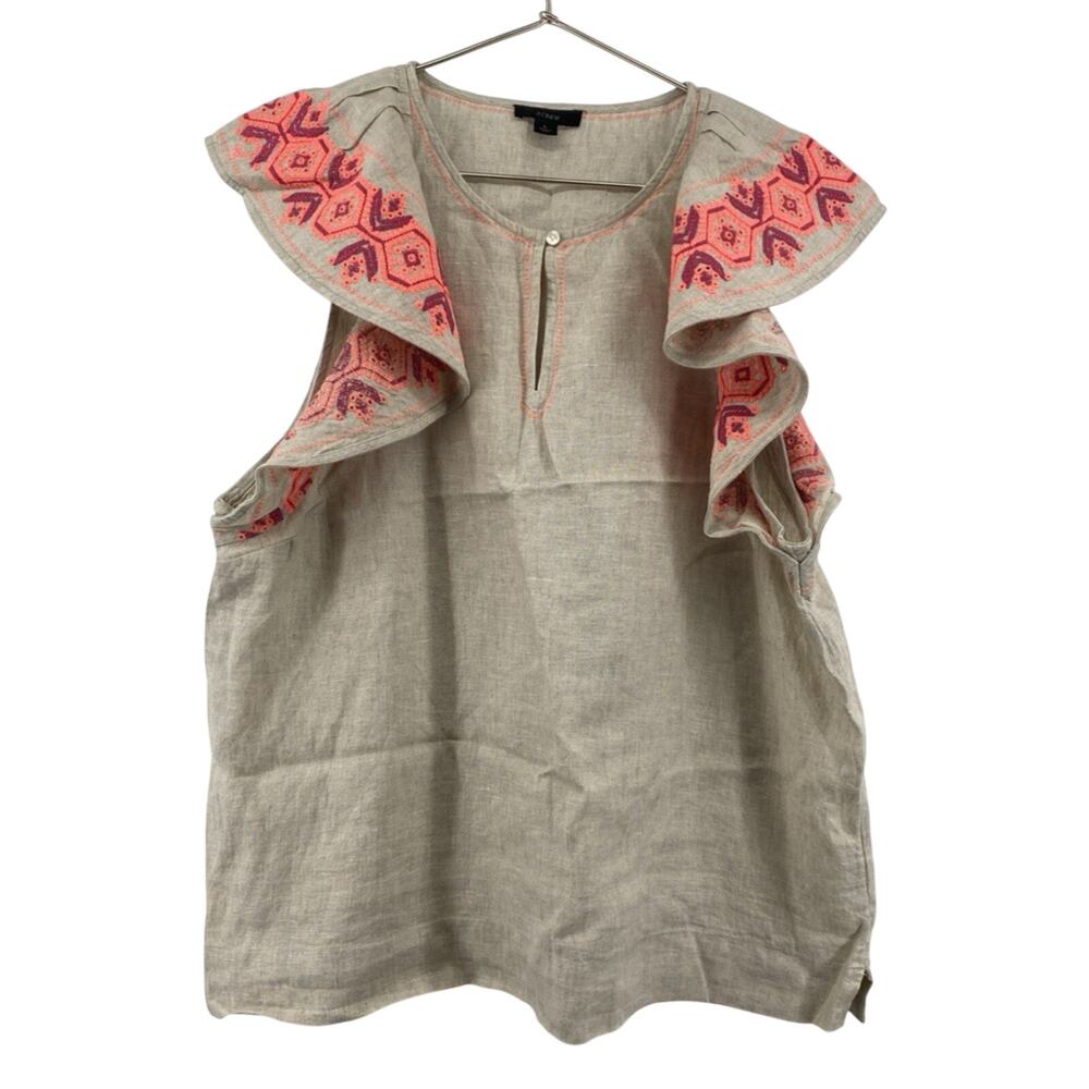 J.Crew Womens L 100% Linen Embroidered Ruffle Sleeve Blouse